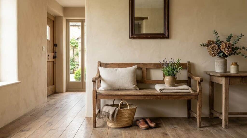 french country interior design with weathered wooden bench adding rustic charm to entryway space