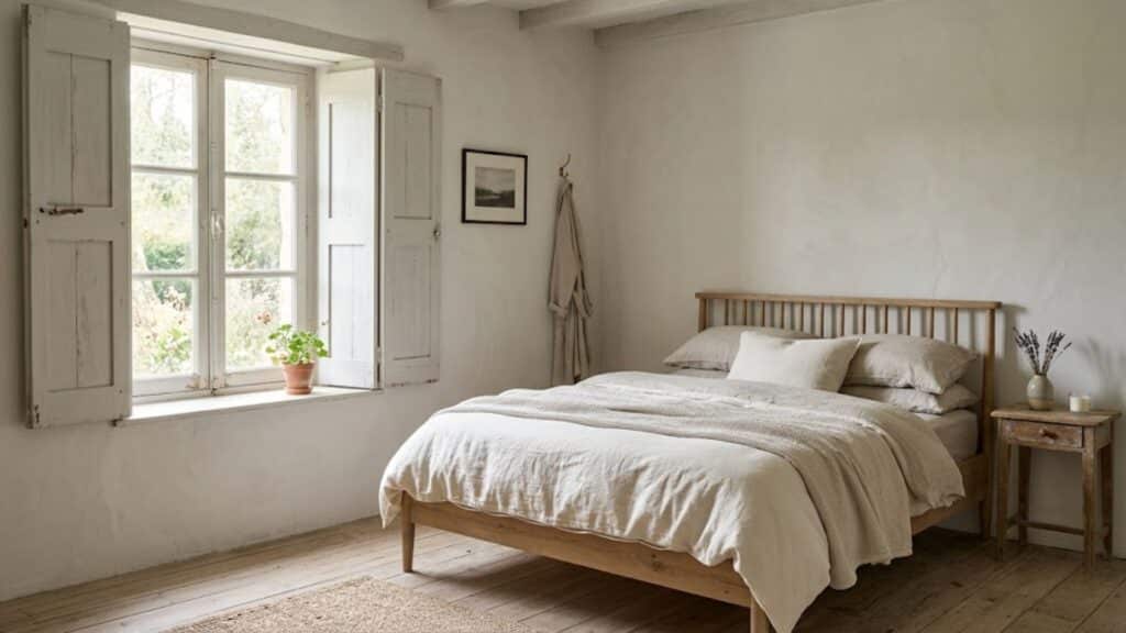 french country interior design with white wooden shutters creating bright and airy bedroom space