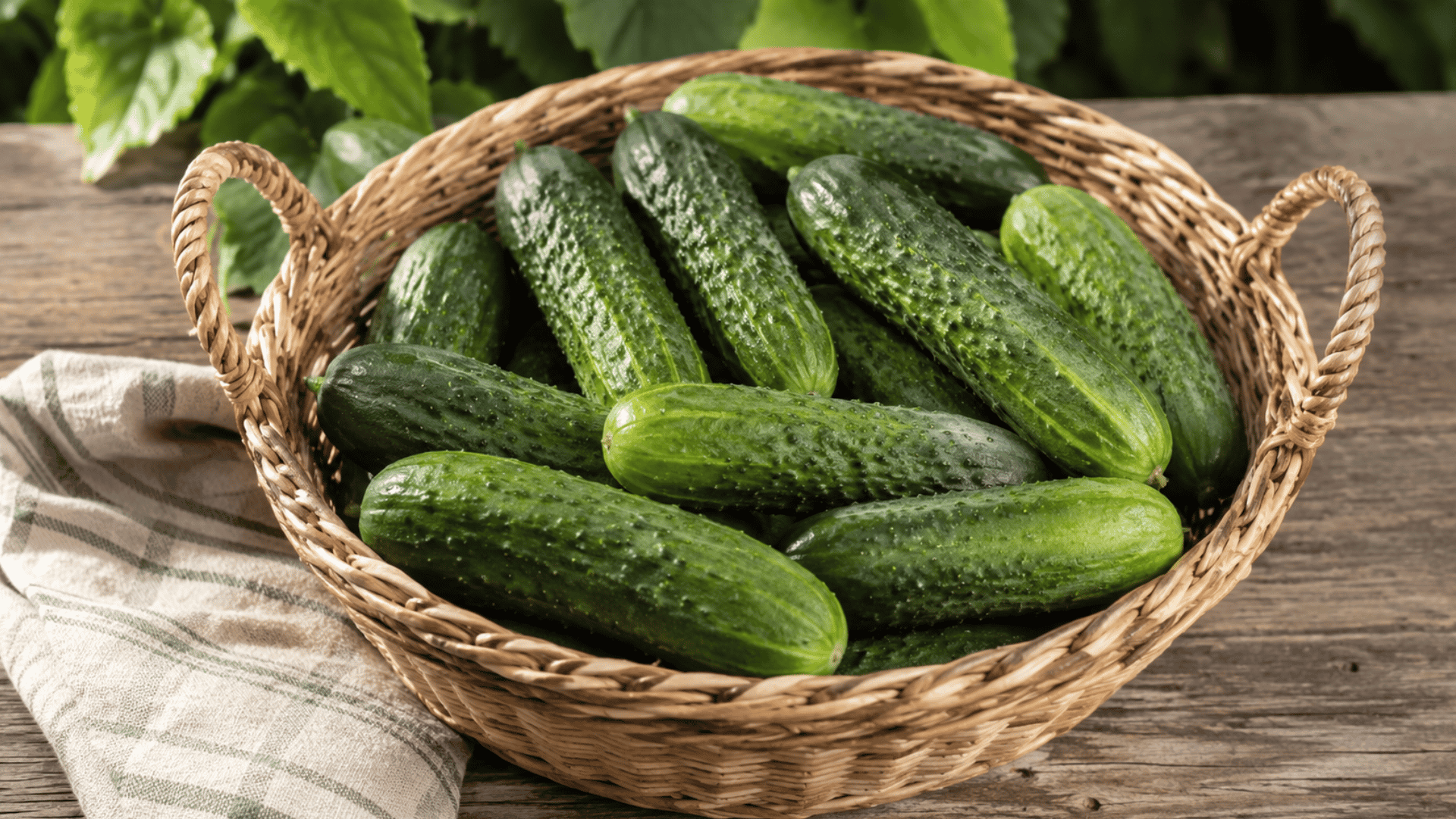 fresh cucumbers in a woven basket placed on a rustic wooden table with soft natural garden background