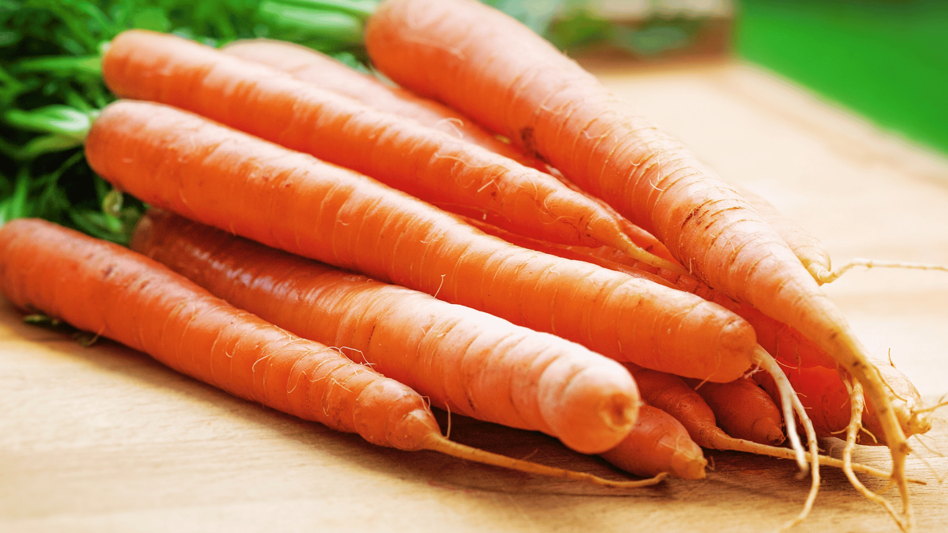 fresh orange carrots with roots attached resting on wooden surface with soft natural light and blurred ba