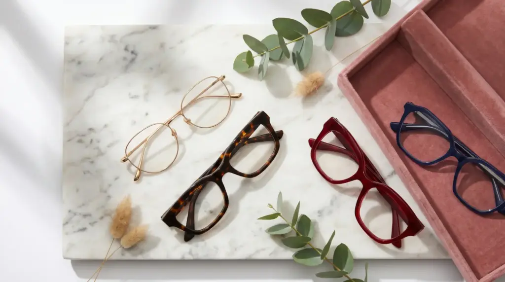 Various eyeglasses on marble surface with eucalyptus leaves in warm natural light