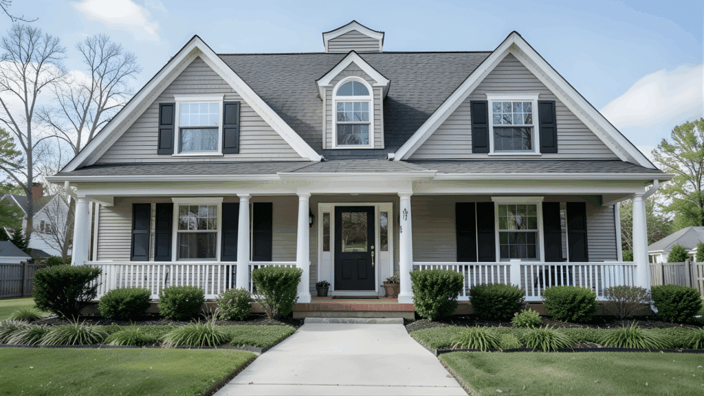 front view of suburban house with porch columns windows and siding showing fiber cement siding vs vinyl curb appeal comparison