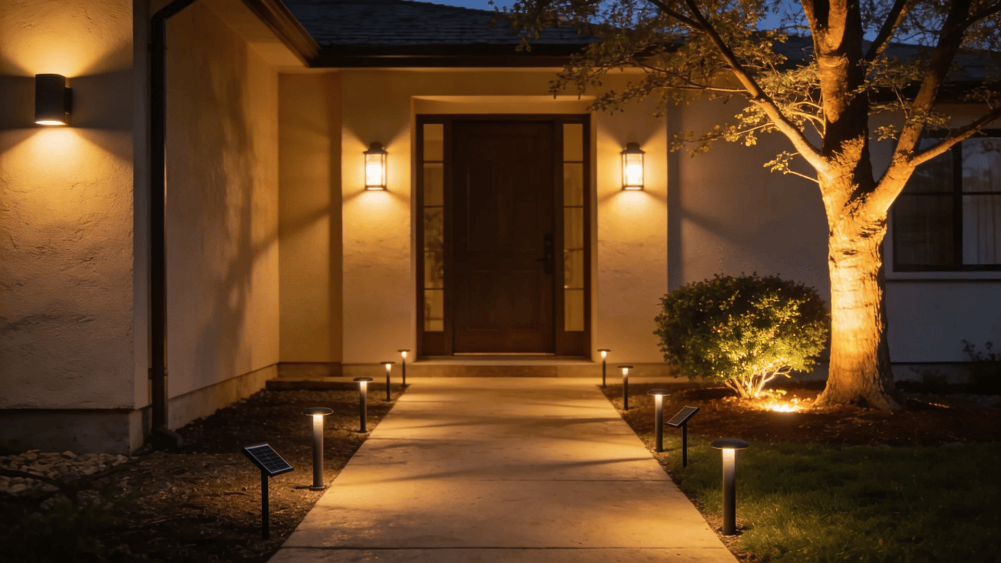 front yard pathway with small lights leading to house entrance and tree lit at night