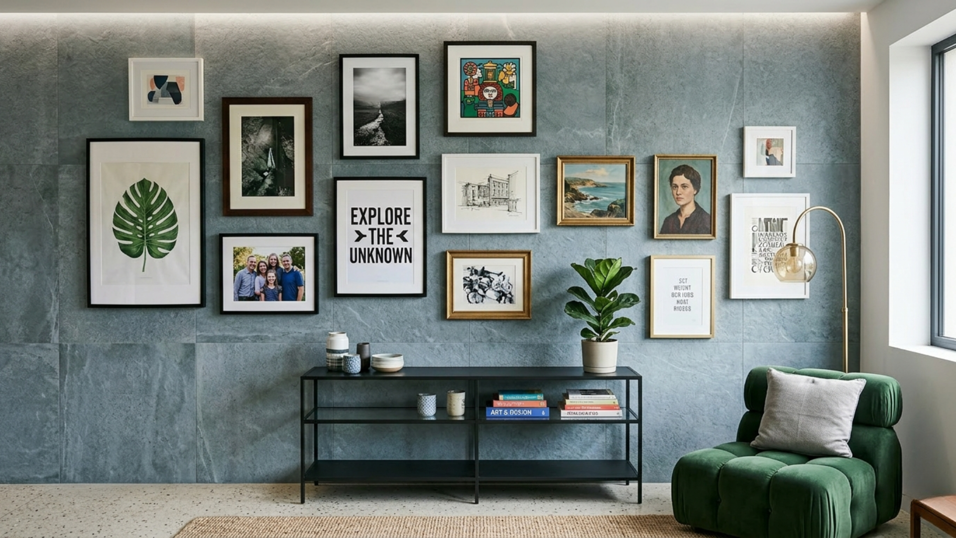 Gallery wall arranged neatly on a modern tiled or textured wall surface