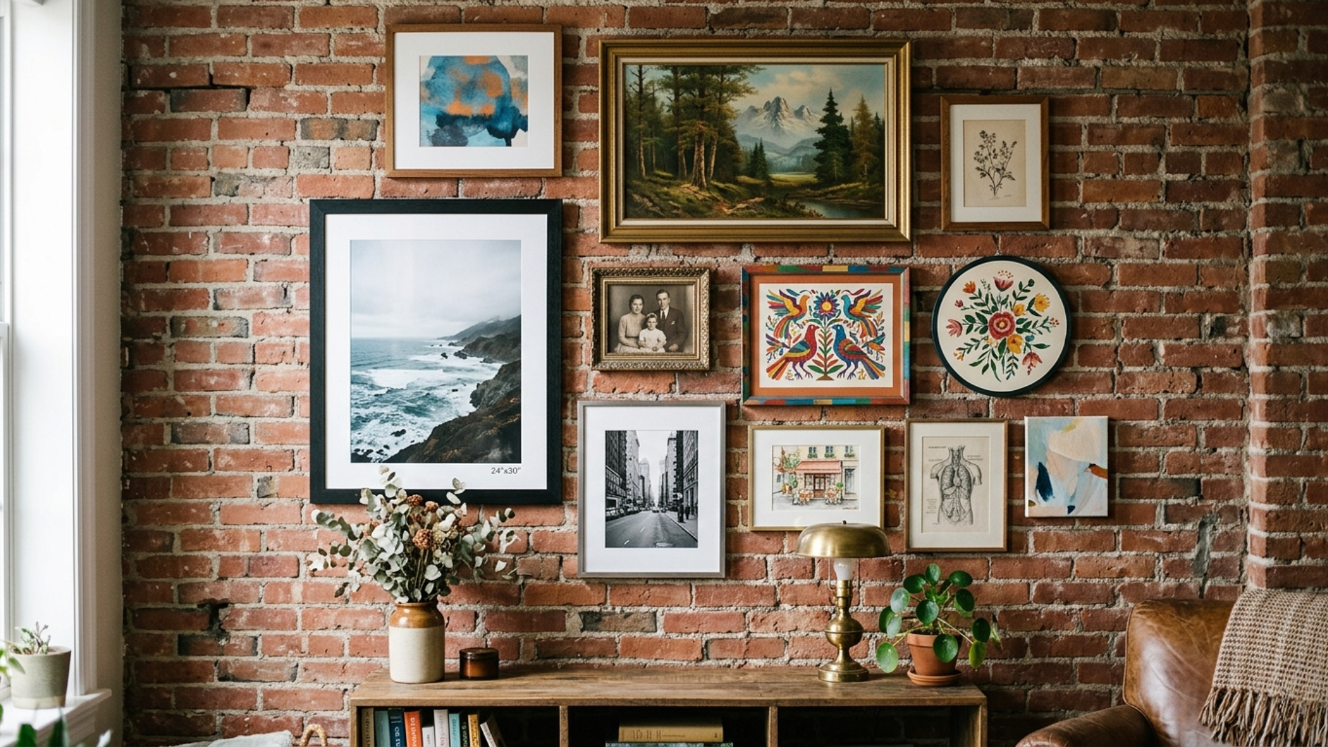 Gallery wall with mixed frames arranged neatly on a brick wall