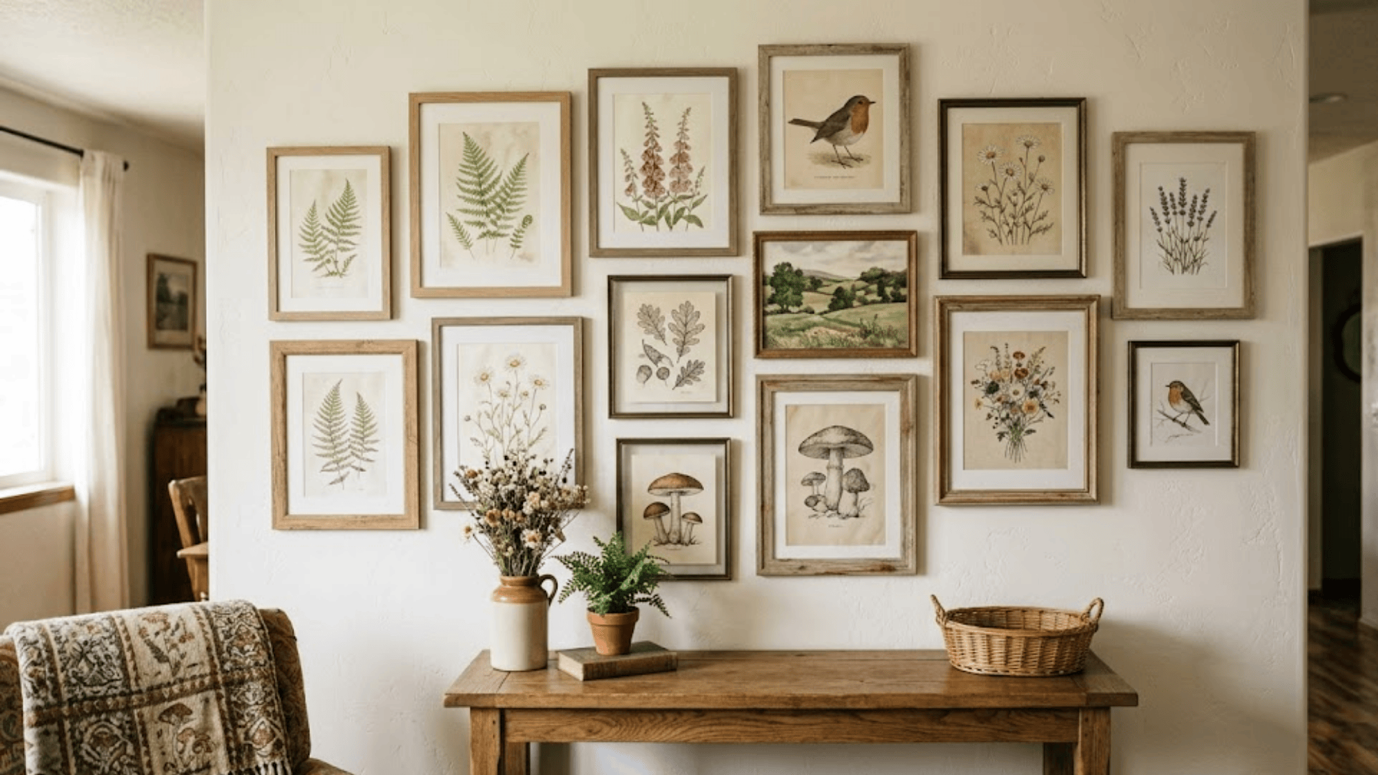 gallery wall with framed botanical prints above wooden table rustic farmhouse interior decor