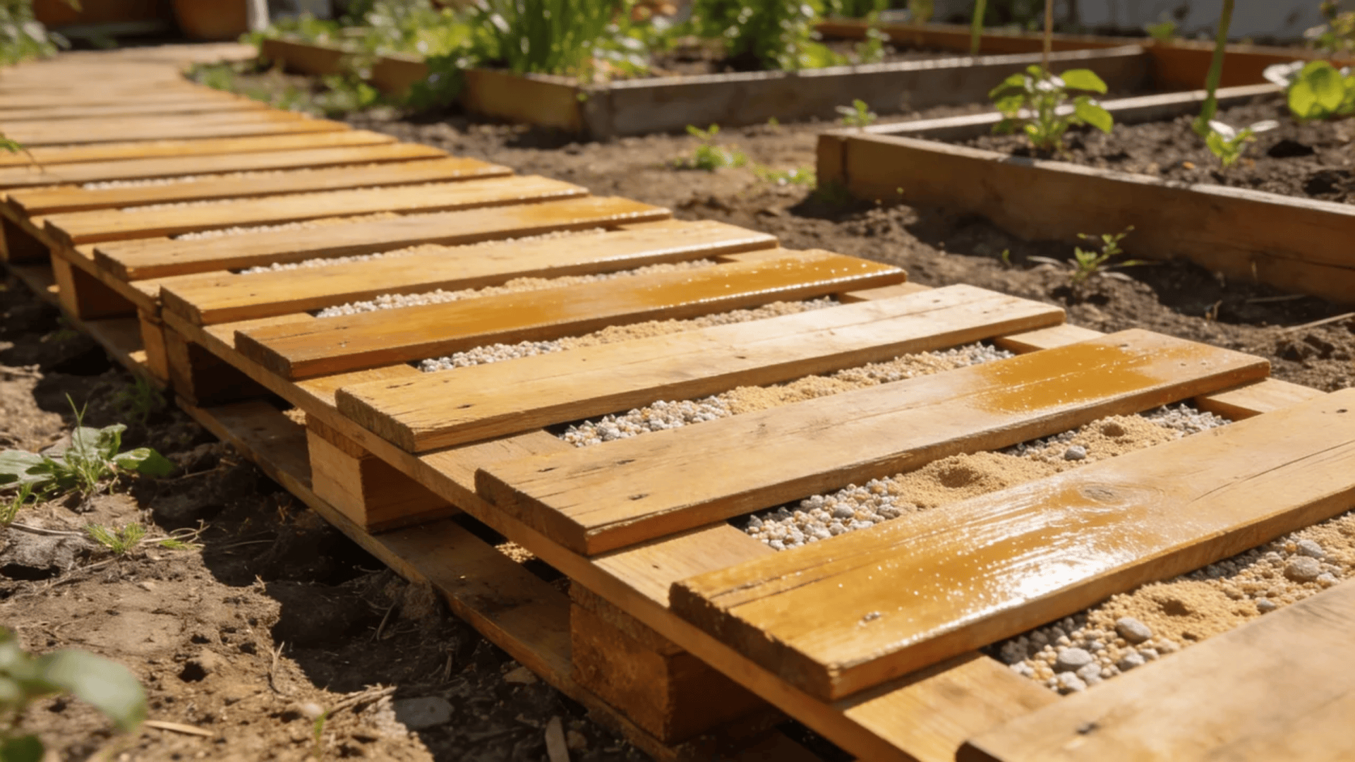 garden pathway ideas featuring wooden slat path over gravel with raised garden beds on both sides