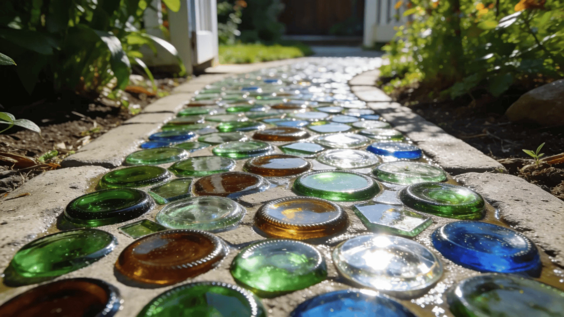 garden pathway ideas with colorful glass bottle bottoms embedded in a curved garden walkway