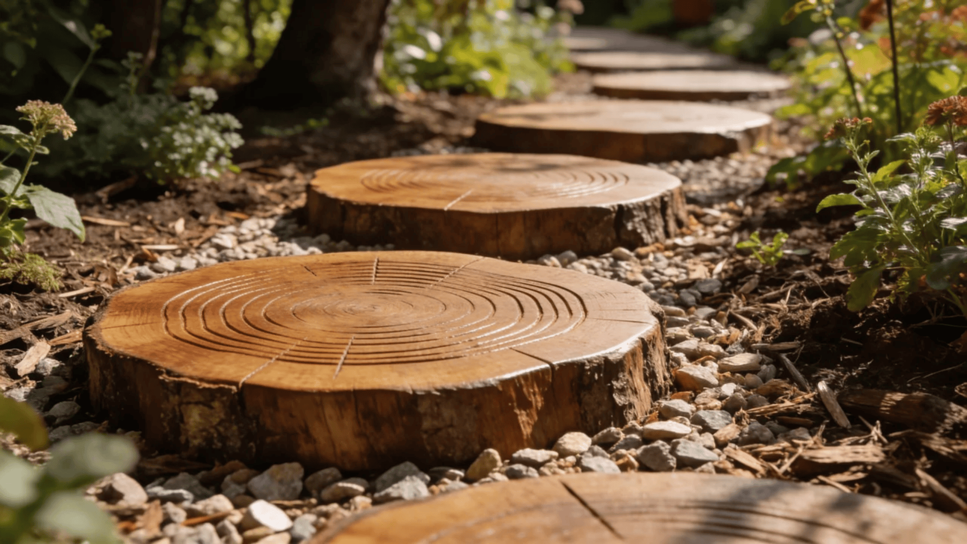 garden pathway ideas with colorful mosaic stepping stones embedded in a curved concrete path (1)