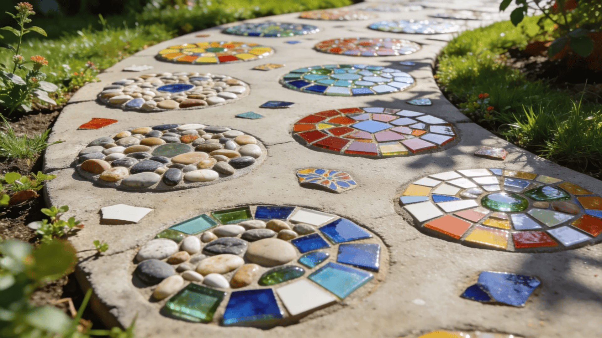 garden pathway ideas with colorful mosaic stepping stones embedded in a curved concrete path