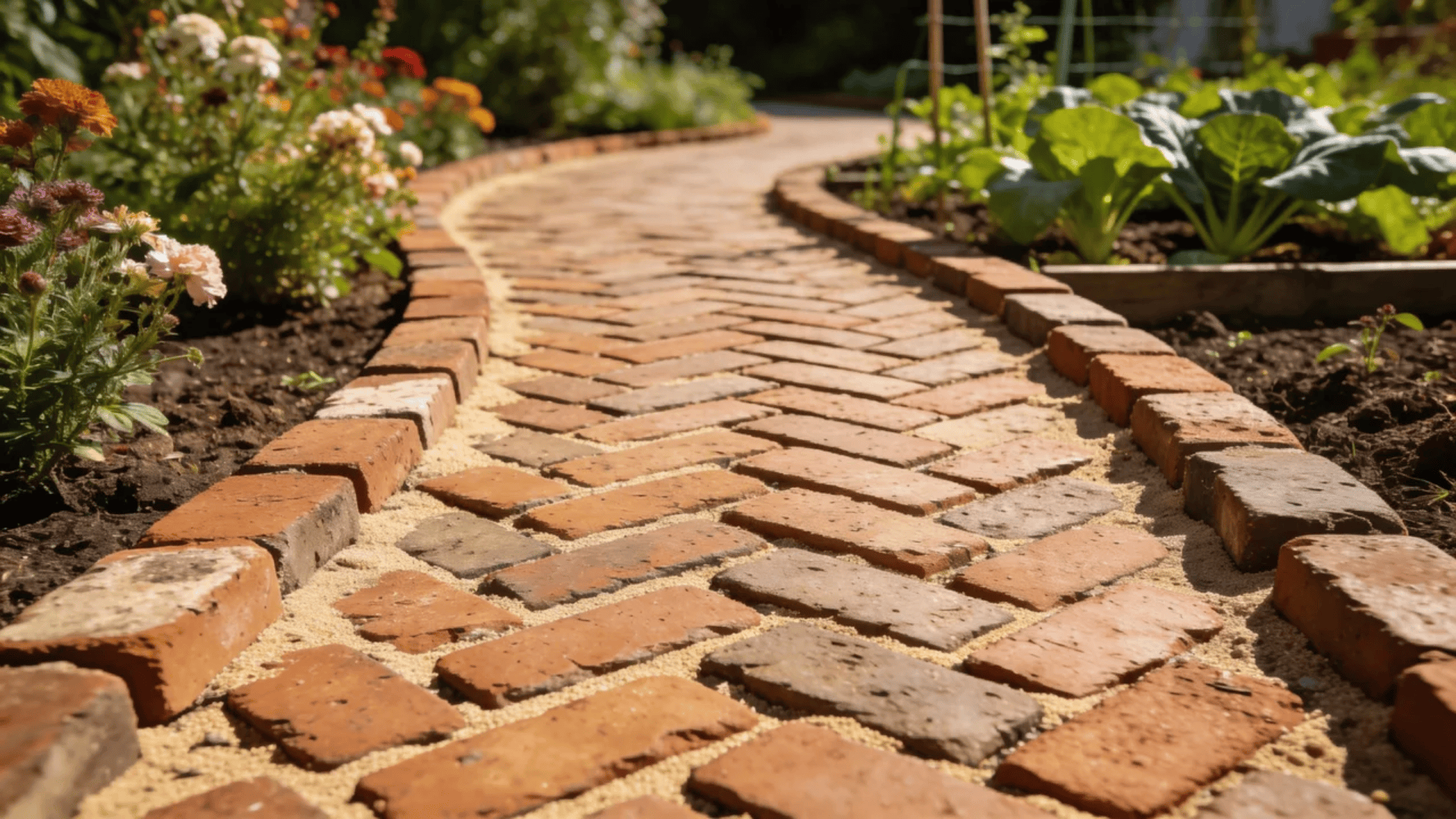 garden pathway ideas with curved brick walkway bordered by flowers and vegetable beds