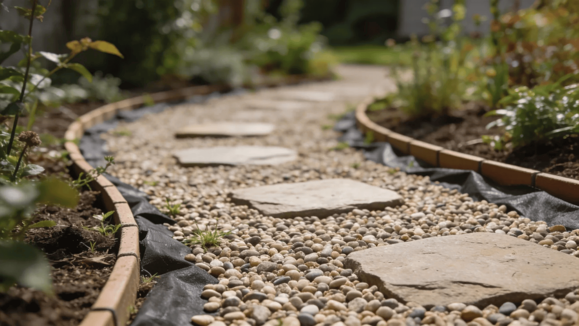 garden pathway ideas with curved gravel path and stepping stones bordered by plants