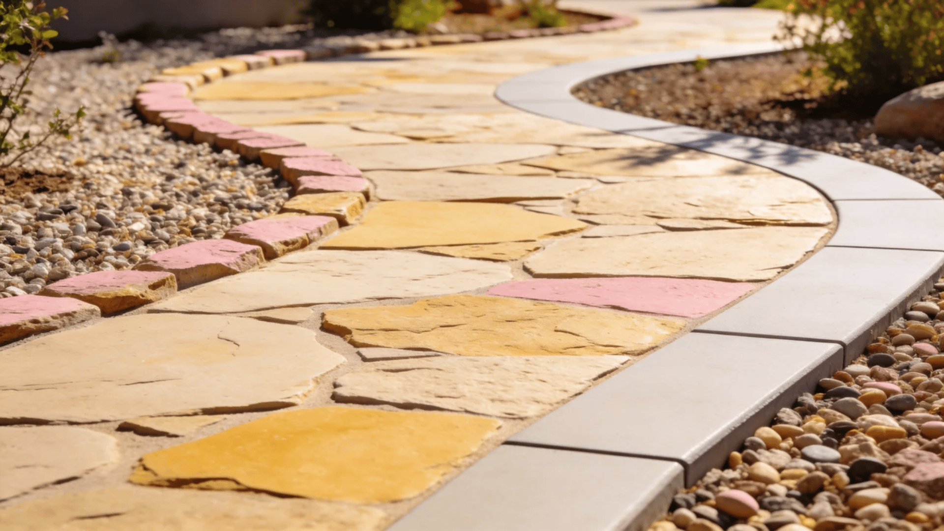 garden pathway ideas with curved stone walkway bordered by gravel and colorful edging