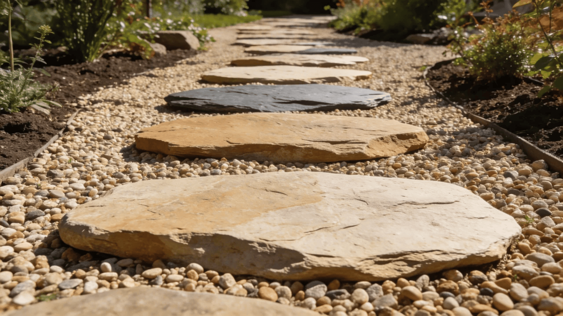 garden pathway ideas with flat stone stepping path over gravel lined by plants