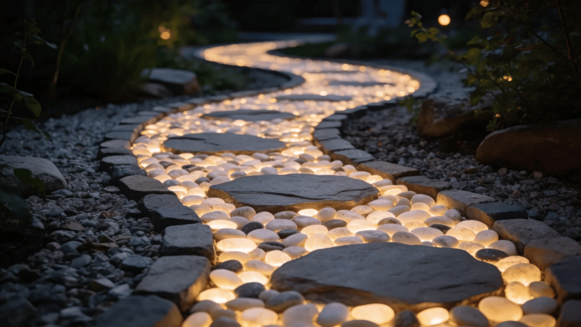 garden pathway ideas with glowing pebble walkway and stepping stones in a curved night garden