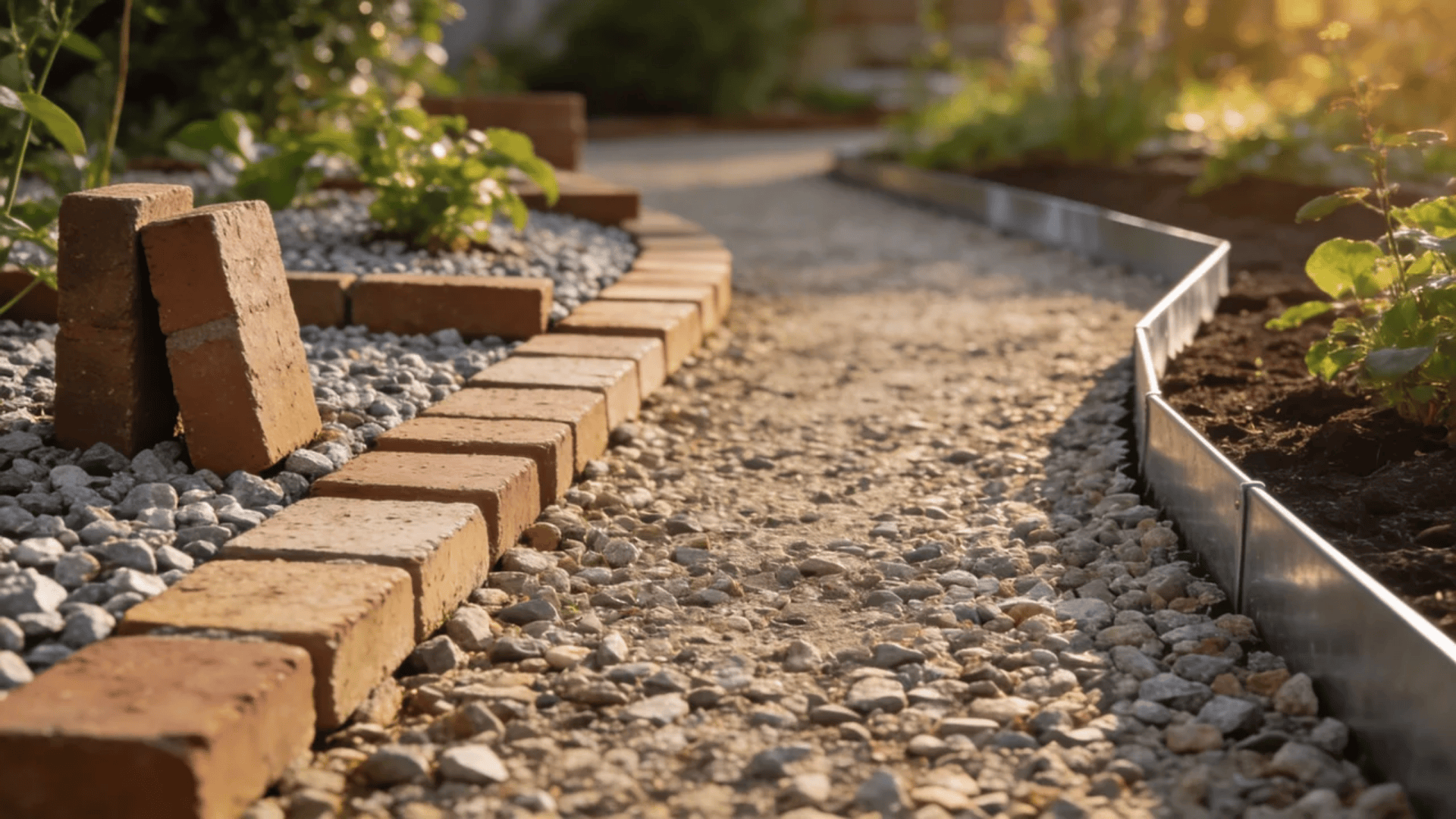 garden pathway ideas with gravel walkway edged by bricks and metal borders in sunlight