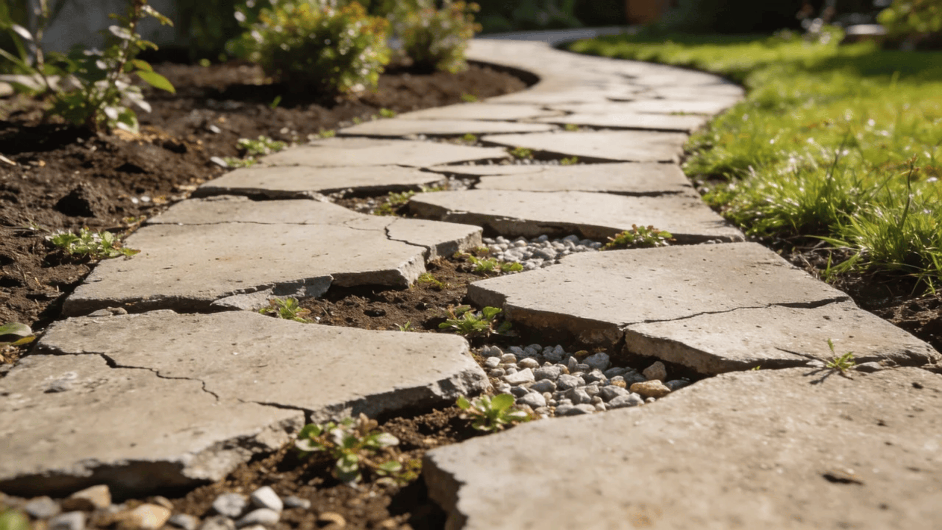 garden pathway ideas with irregular stone path and gravel gaps curving through green lawn