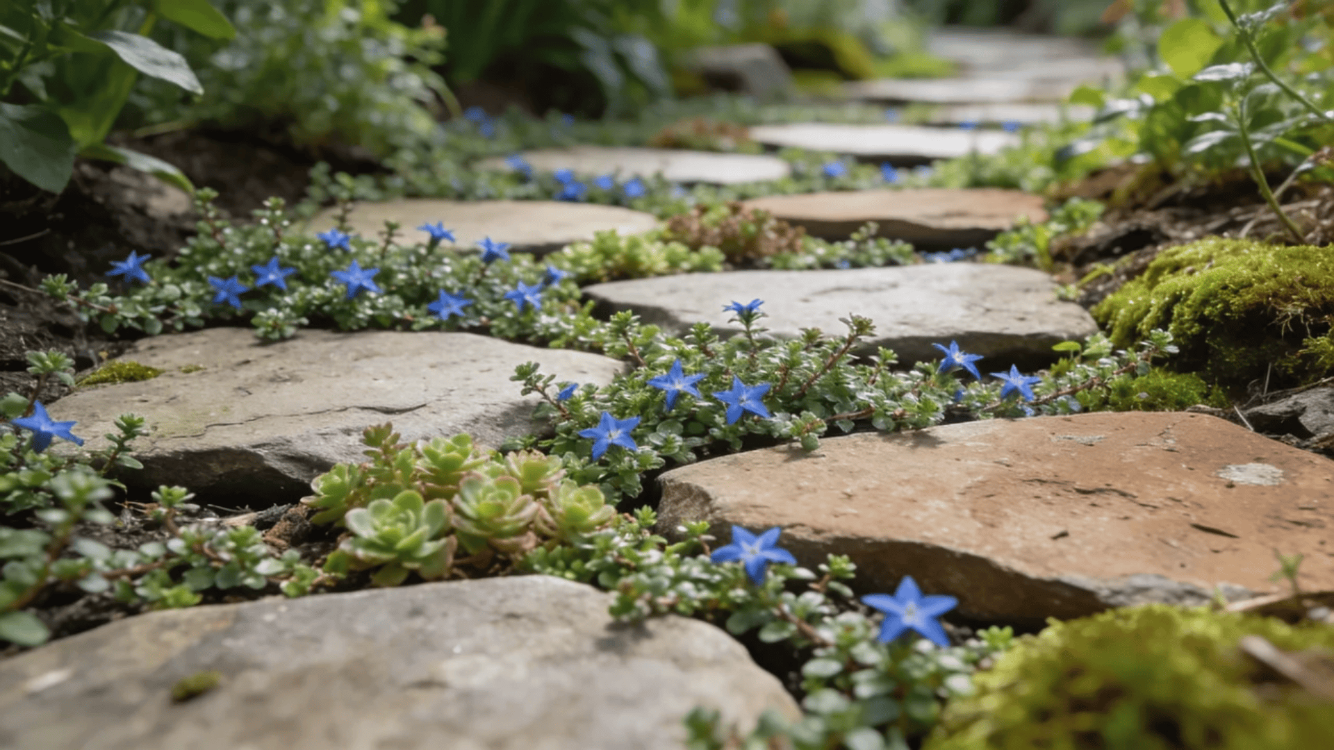 garden pathway ideas with natural stone steps and small blue flowers growing between stones