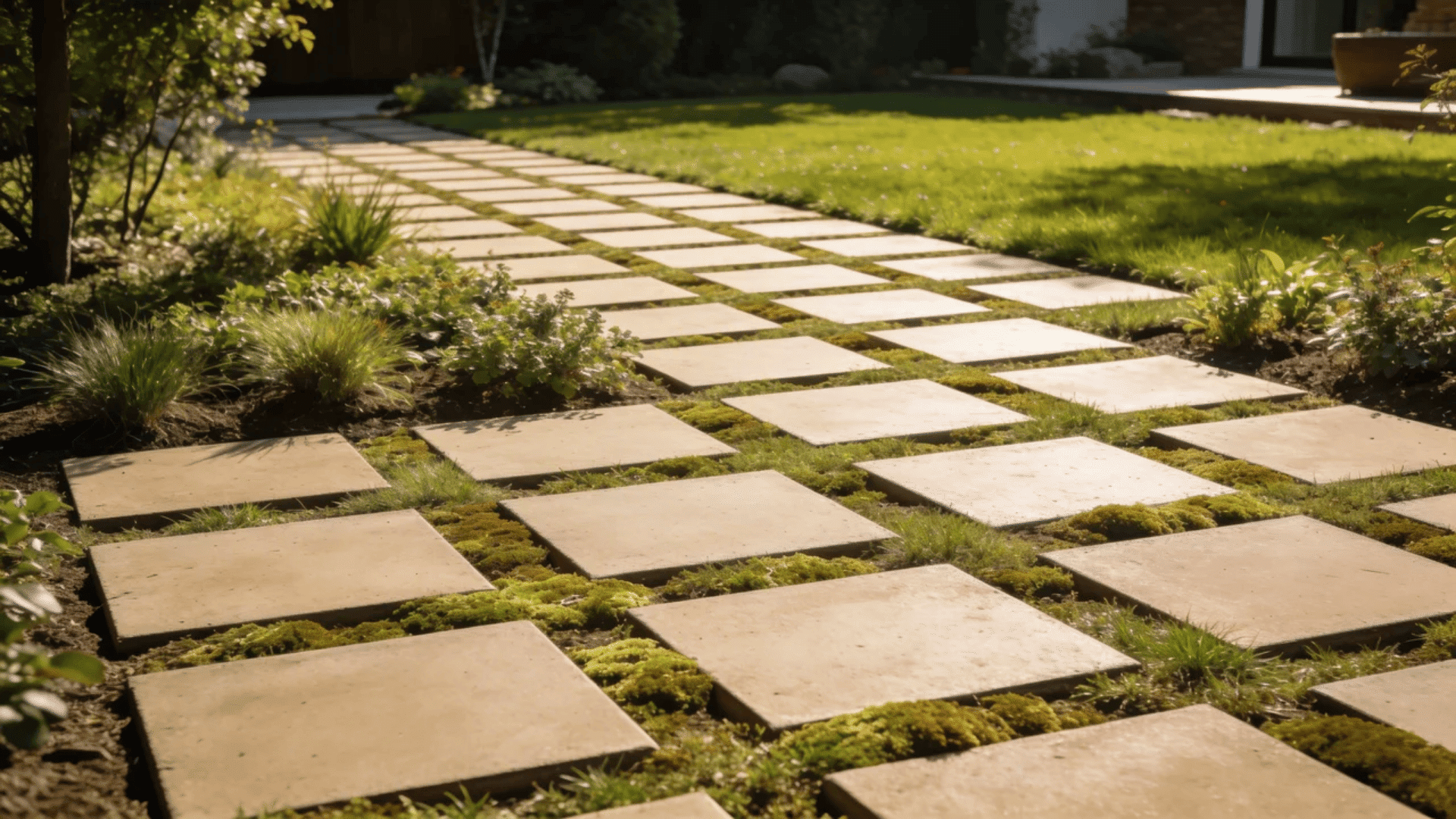 garden pathway ideas with square stone pavers set in grass forming a neat walkway (1)