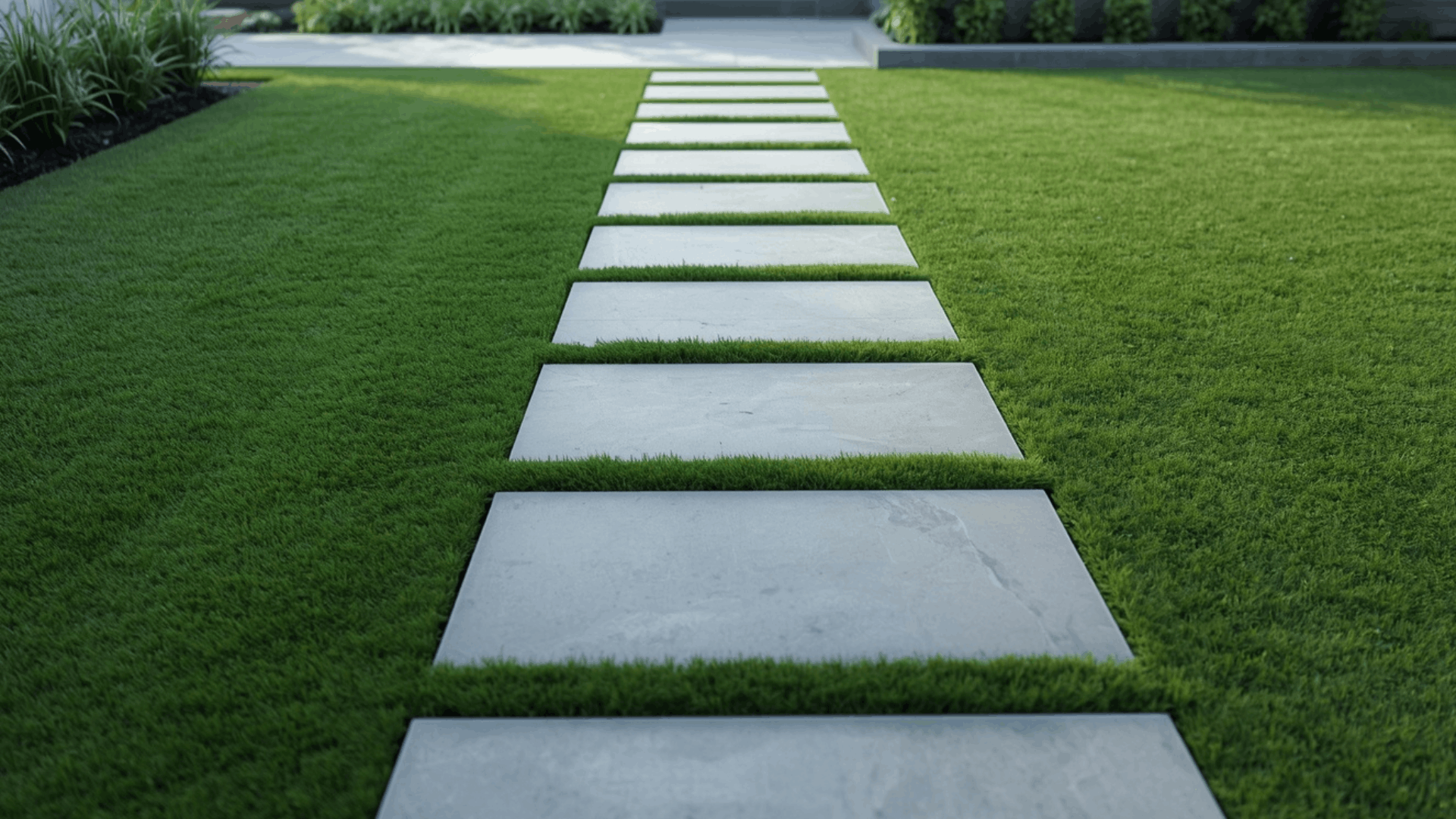 garden pathway ideas with square stone stepping path set in grass and garden tool beside walkway (1)