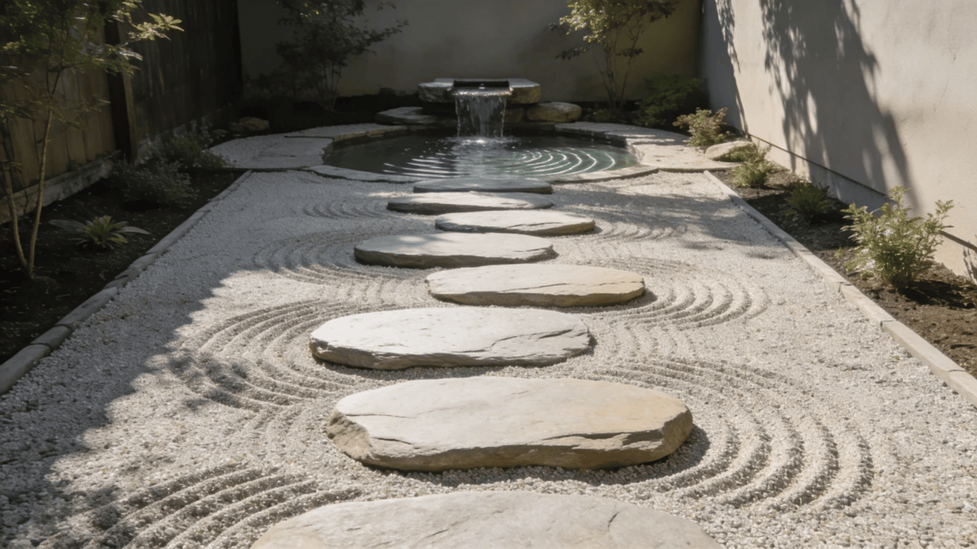 garden pathway ideas with stepping stones over raked gravel leading to a small water feature
