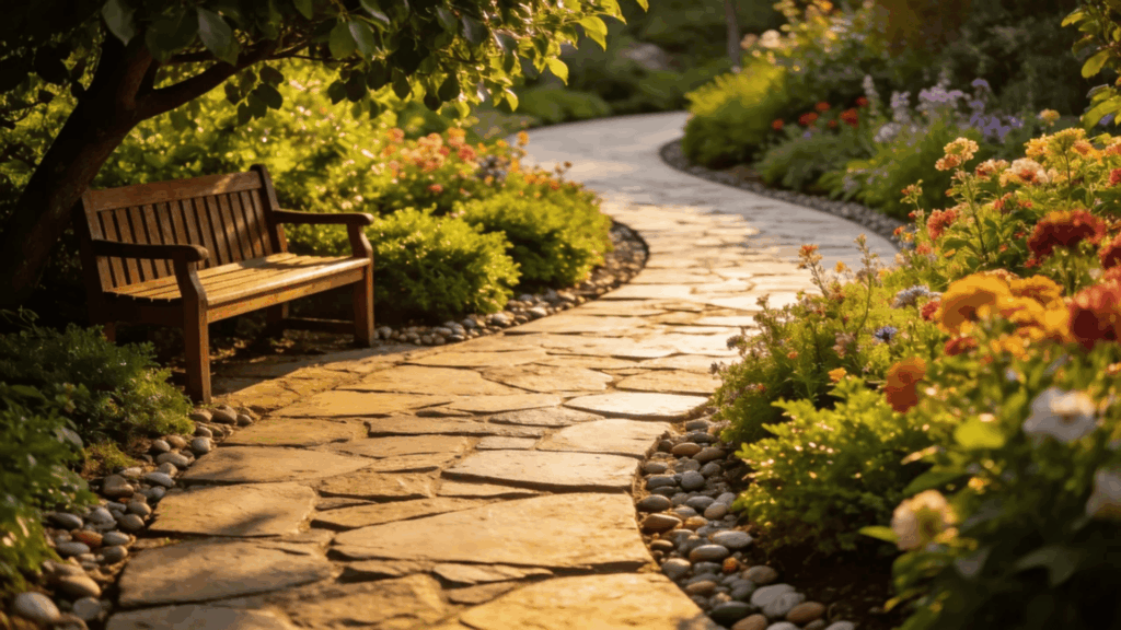 15+ Creative Garden Pathway Ideas on a Budget garden pathway ideas with stone path wooden bench and colorful flowers in sunlight