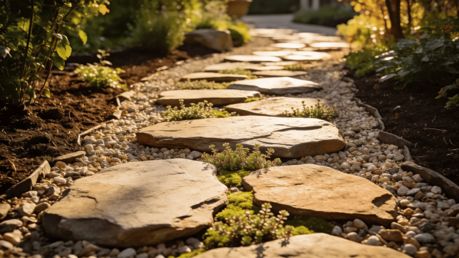 garden pathway ideas with stone stepping path surrounded by greenery and soft sunlight