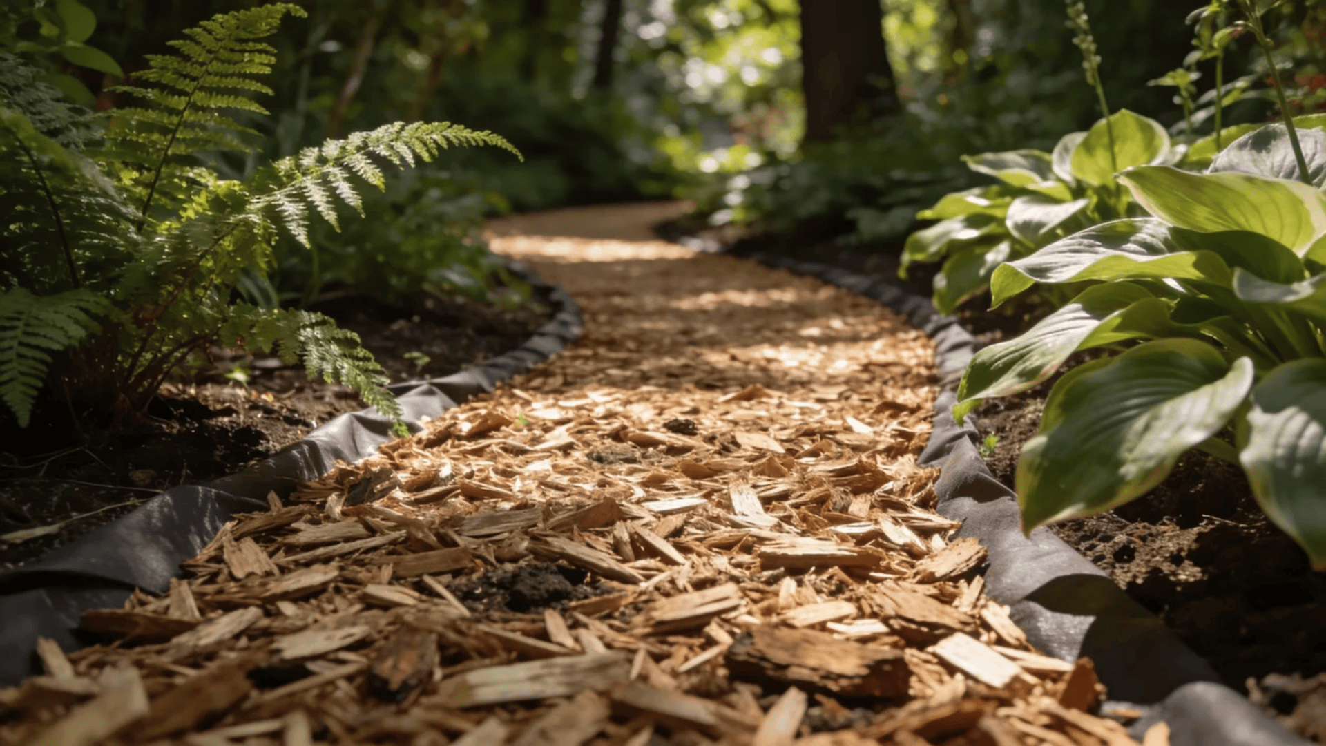 garden pathway ideas with wood chip trail bordered by lush green plants and soft sunlight