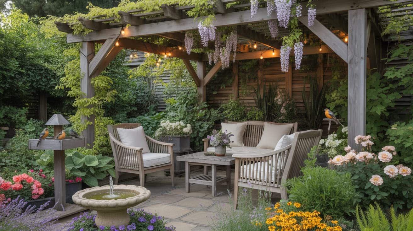 garden seating under wooden pergola with flowers lights and cozy furniture showing outdoor patio ideas and patio decor ideas
