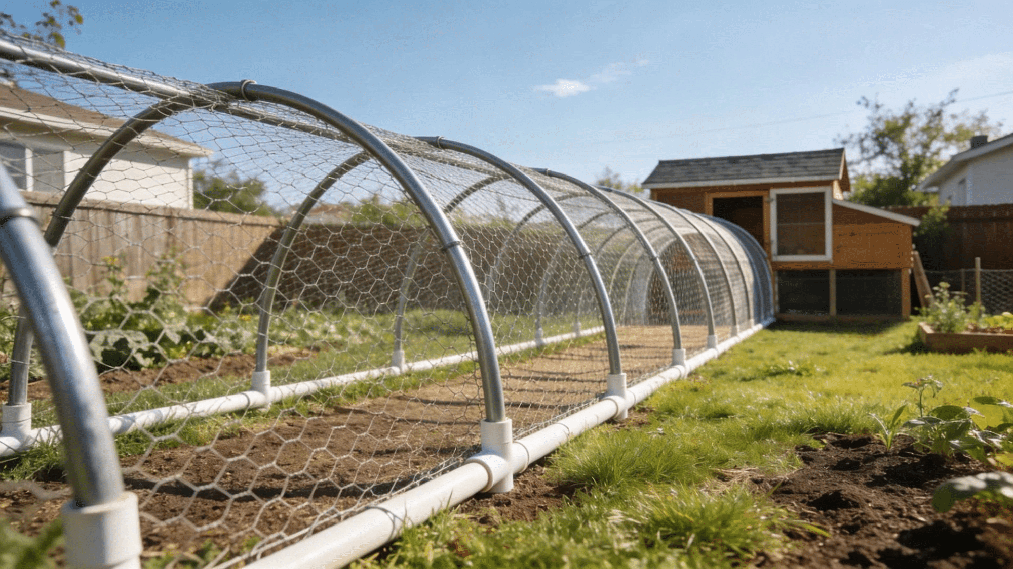 garden tunnel chicken run with arched metal frame wire mesh cover long narrow design connecting coop across backyard garden