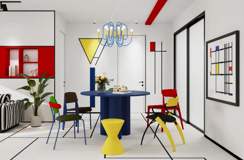 Colorful modern dining area with geometric patterns, a blue round table, and multicolored chairs