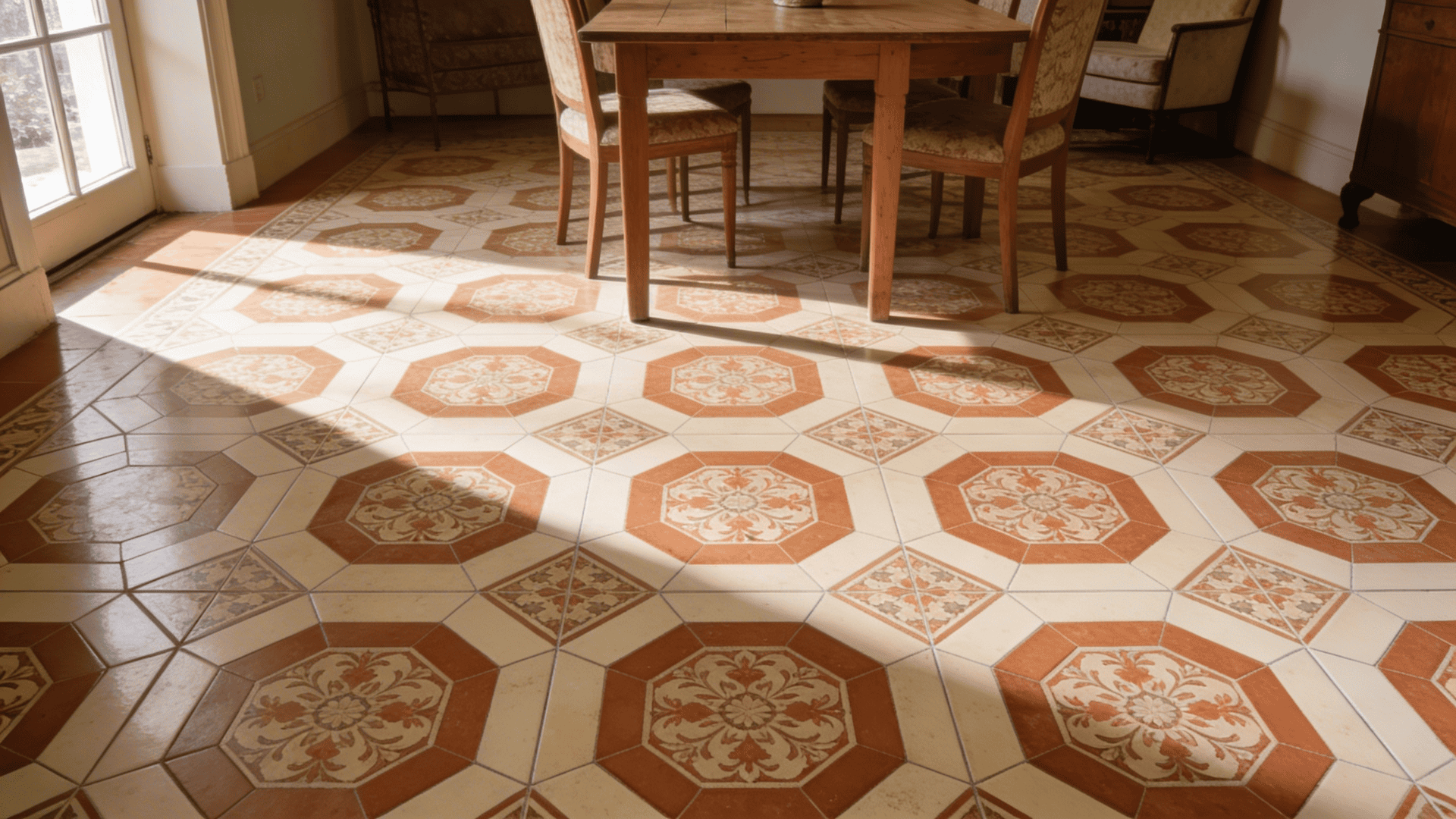 geometric mix tile pattern with different shaped tiles forming bold modern surface design