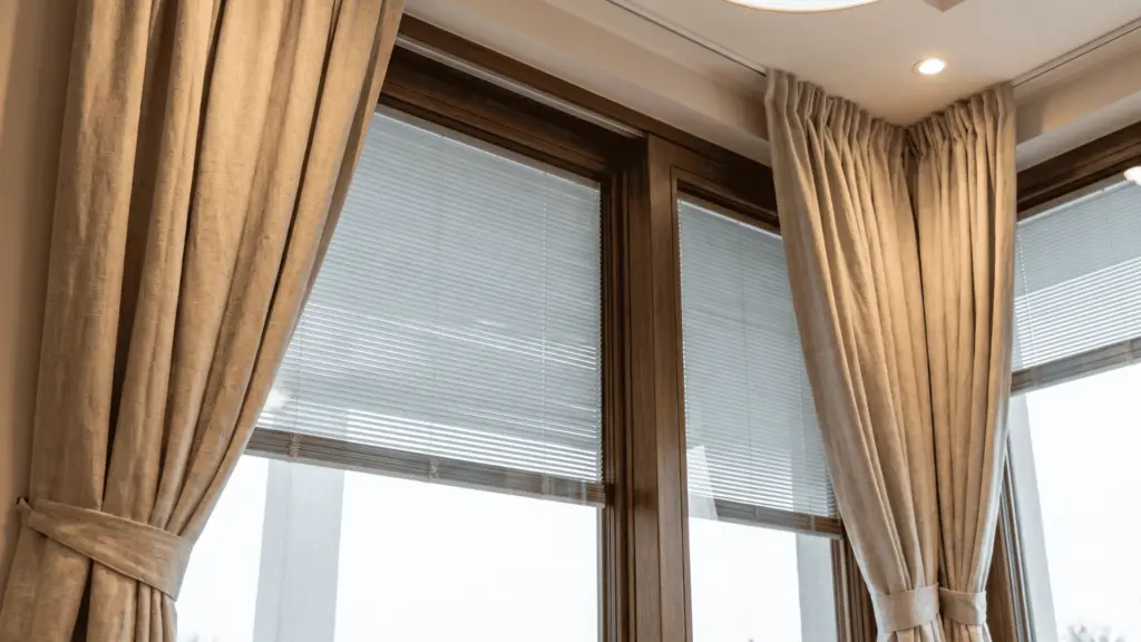 “Floor-length curtains fully gathered, showing proper width over a window with blinds.
