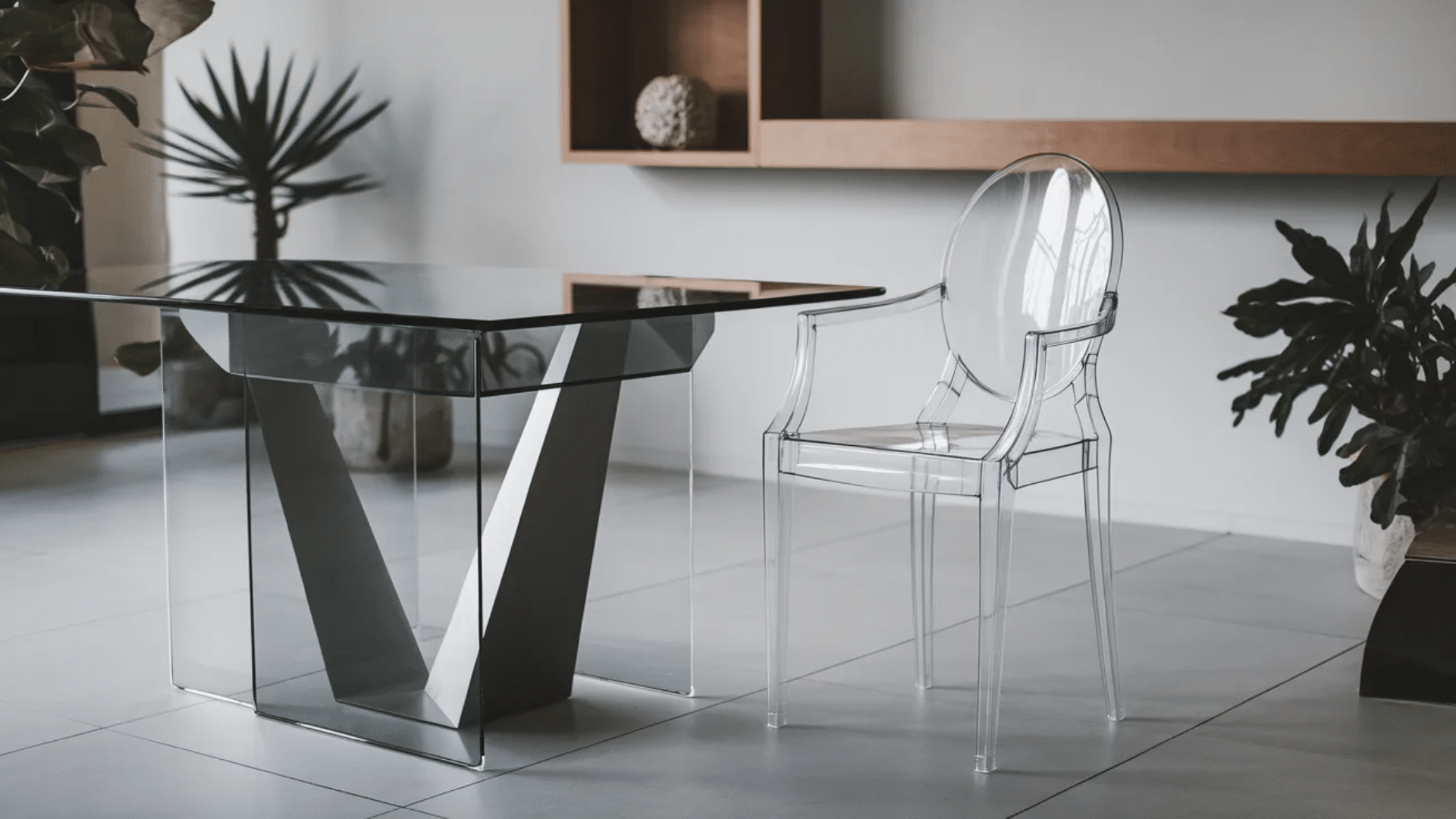 ghost chair made from transparent material with sleek curved shape creating stylish modern seating