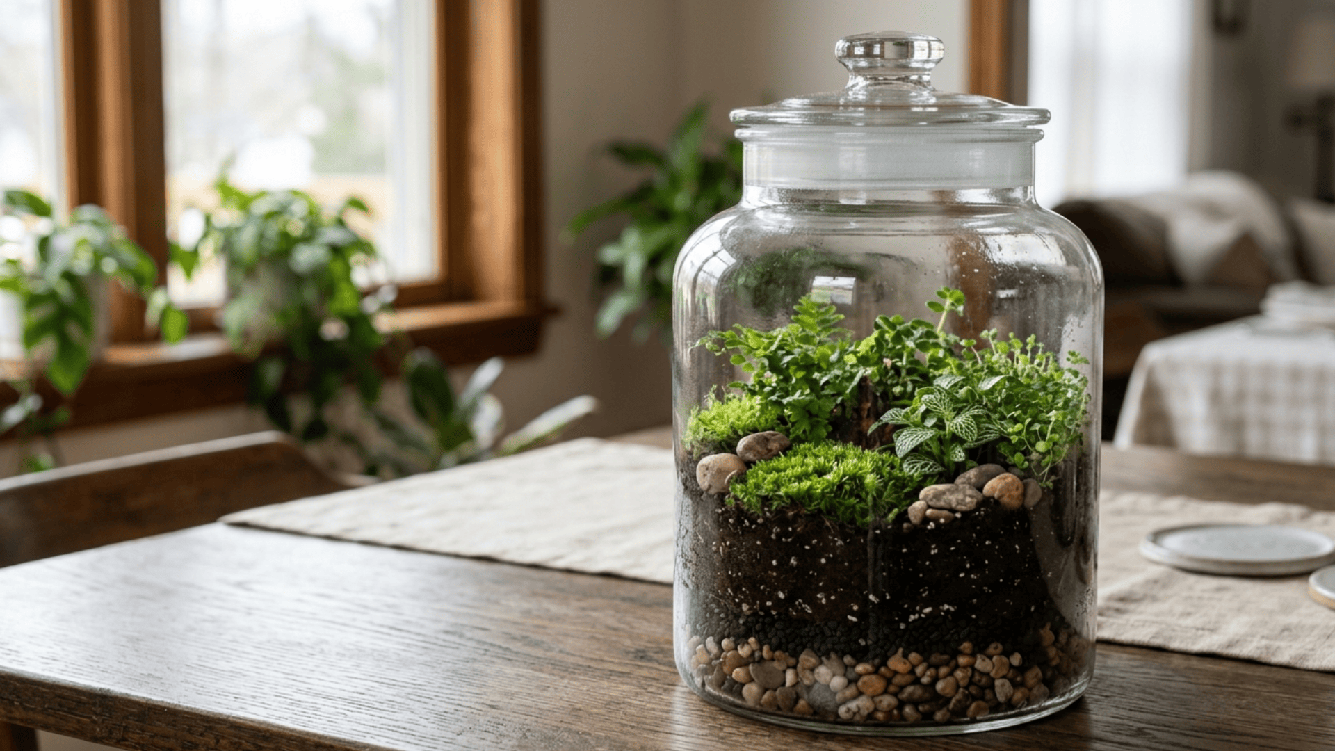 glass jar terrarium with green plants moss and stones placed on wooden dining table in bright natural light