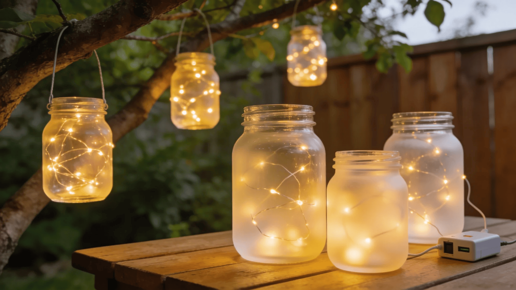 glass jars filled with fairy lights hanging from tree and placed on wooden table glowing softly
