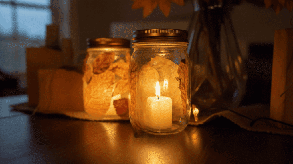 glass jars with candles and dried leaves glowing warmly on wooden table