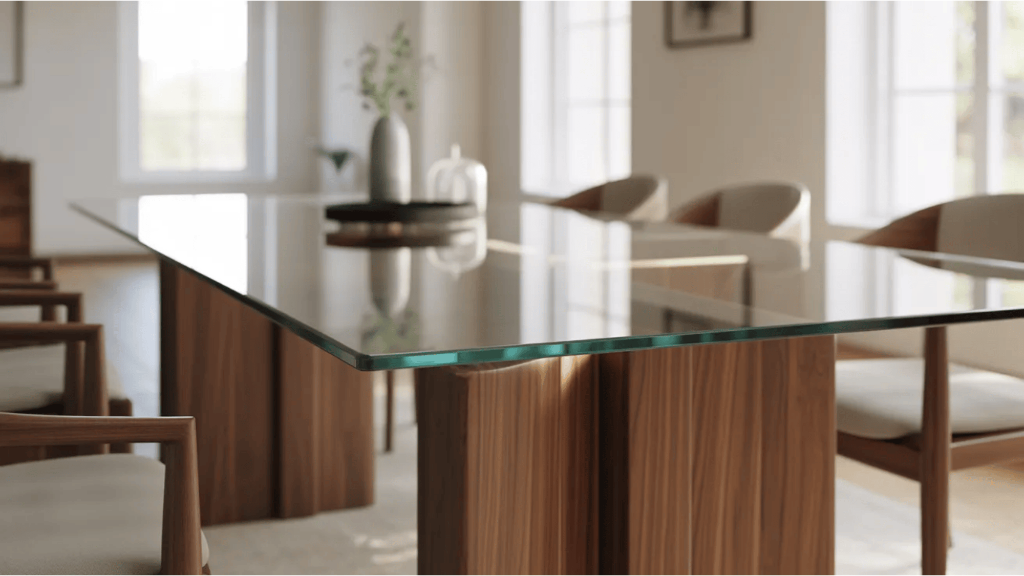 glass top dining table with wooden base and upholstered chairs inside a modern transitional dining room with natural light