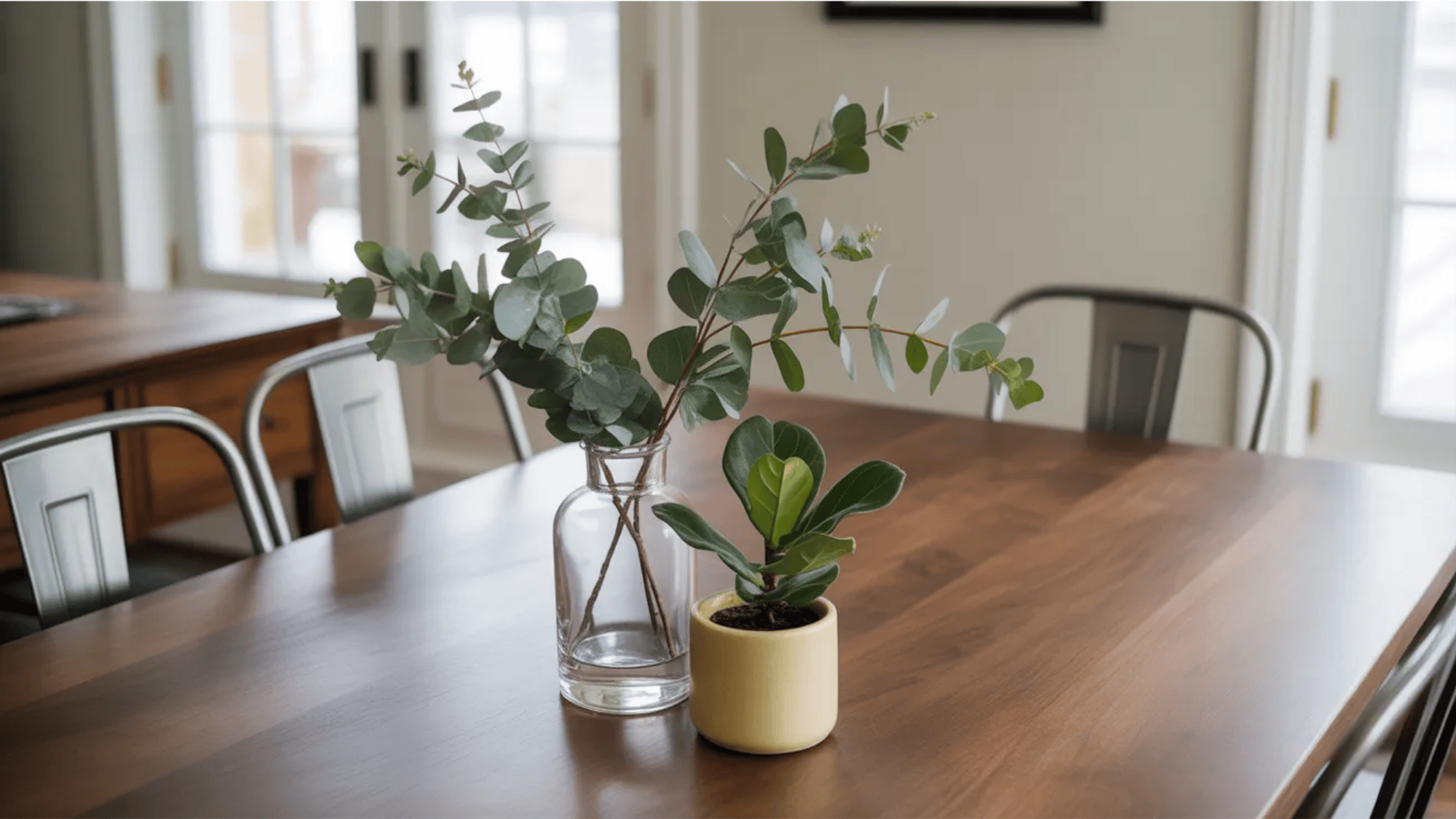 glass vase with green branches and small potted plant centered on wooden table in a fresh transitional dining room setting