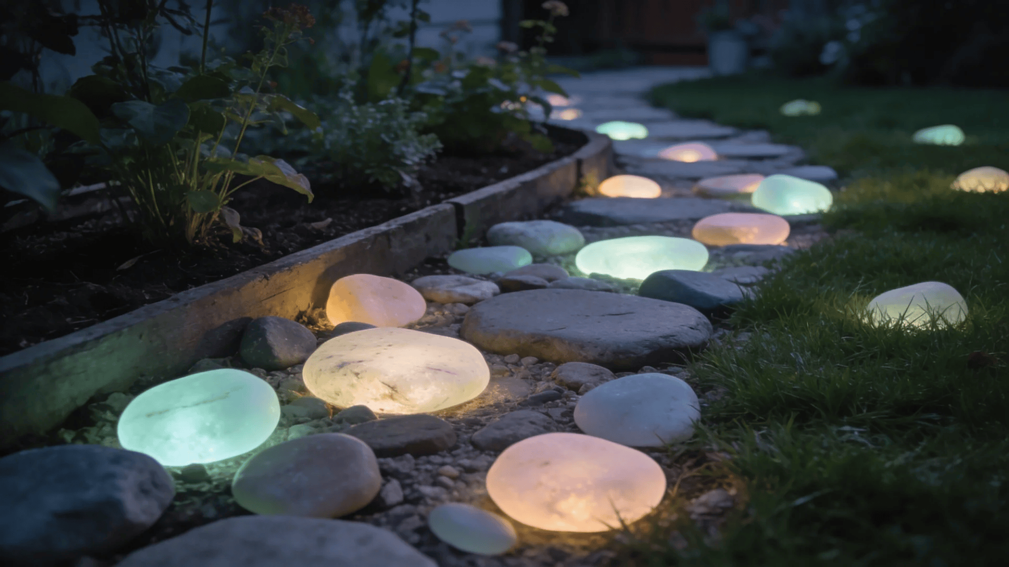 glowing colored stones lining garden path creating soft illuminated walkway at night
