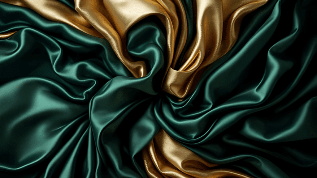 gold satin fabric flowing over emerald green silk folds showing color goes with emerald green in rich shiny texture