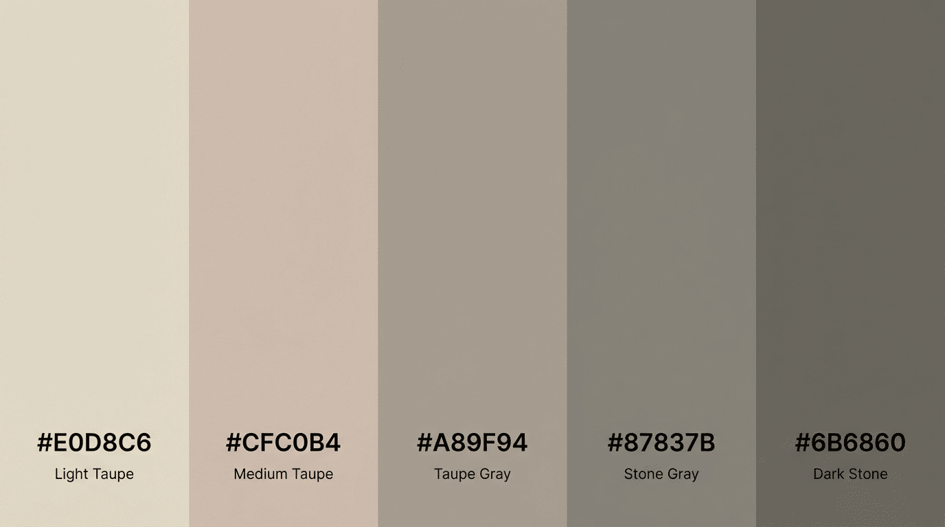 gradient palette of light taupe medium taupe stone gray and dark gray shades with hex codes and names below