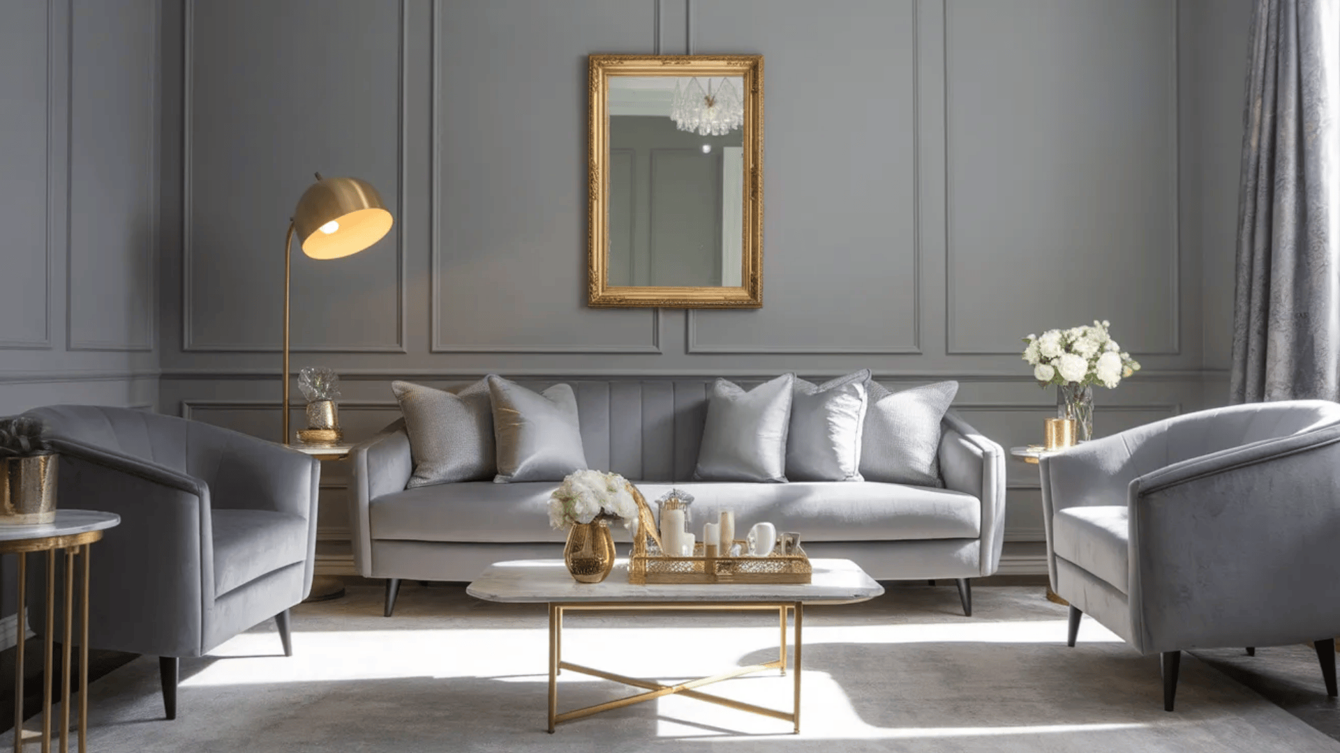 gray living room with gold accents gray sofa gold lamp and modern interior decor