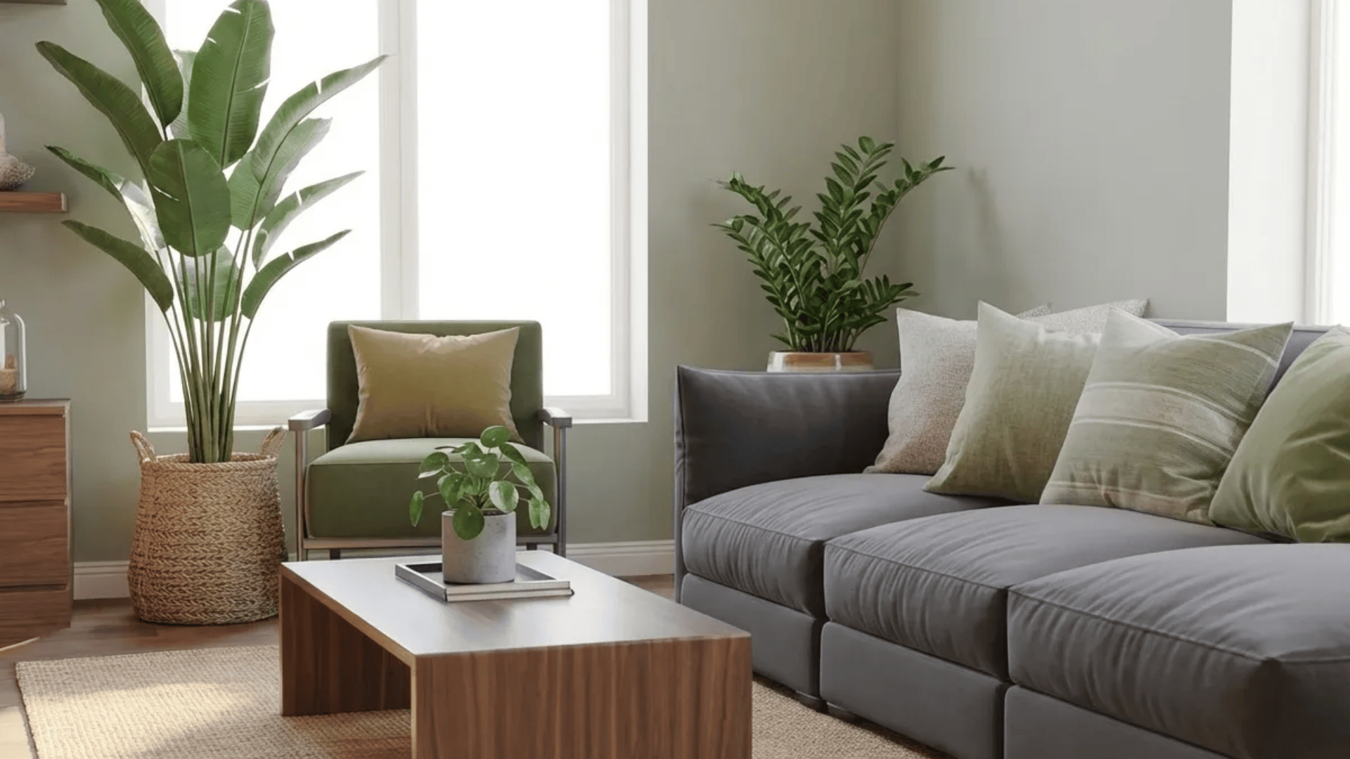 gray living room with green pillows indoor plants and wooden coffee table modern interior design