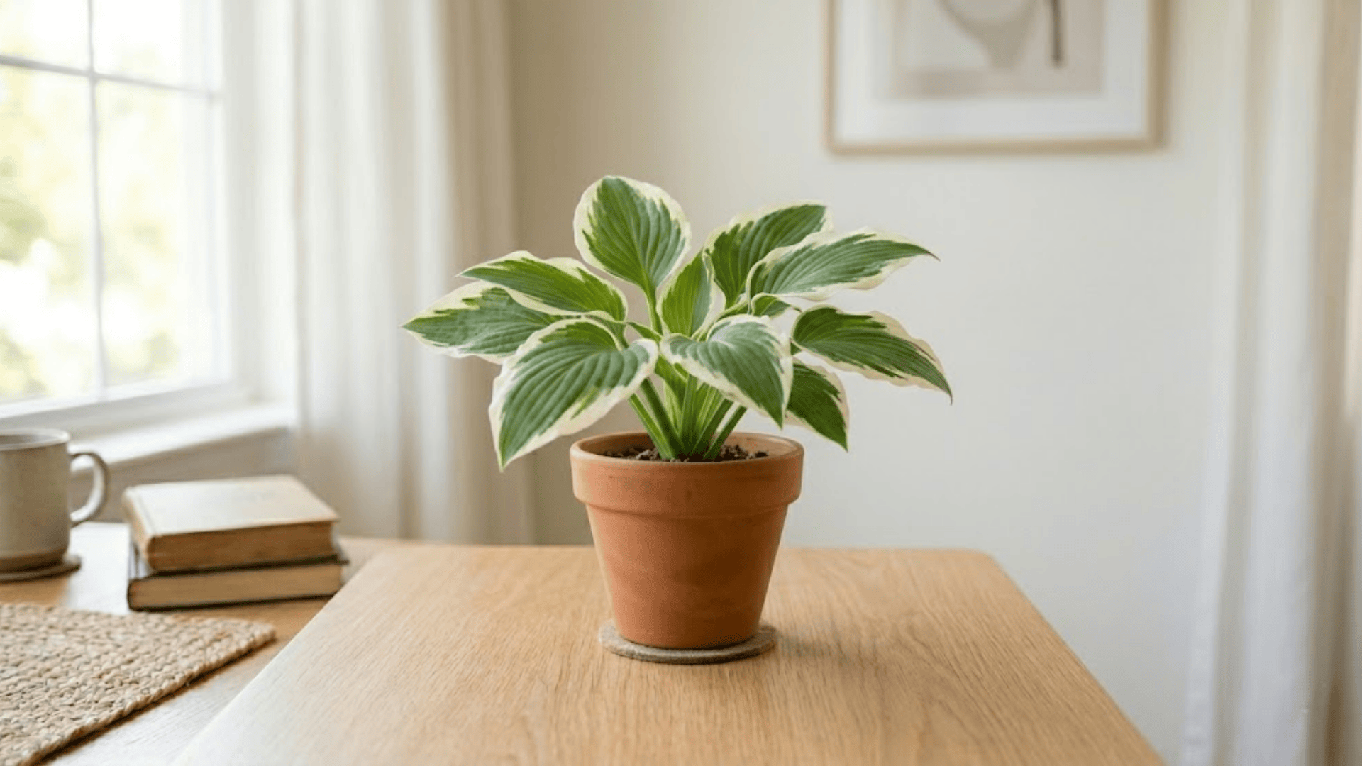green hosta plant in terracotta pot on table with soft light low maintenance outdoor plants