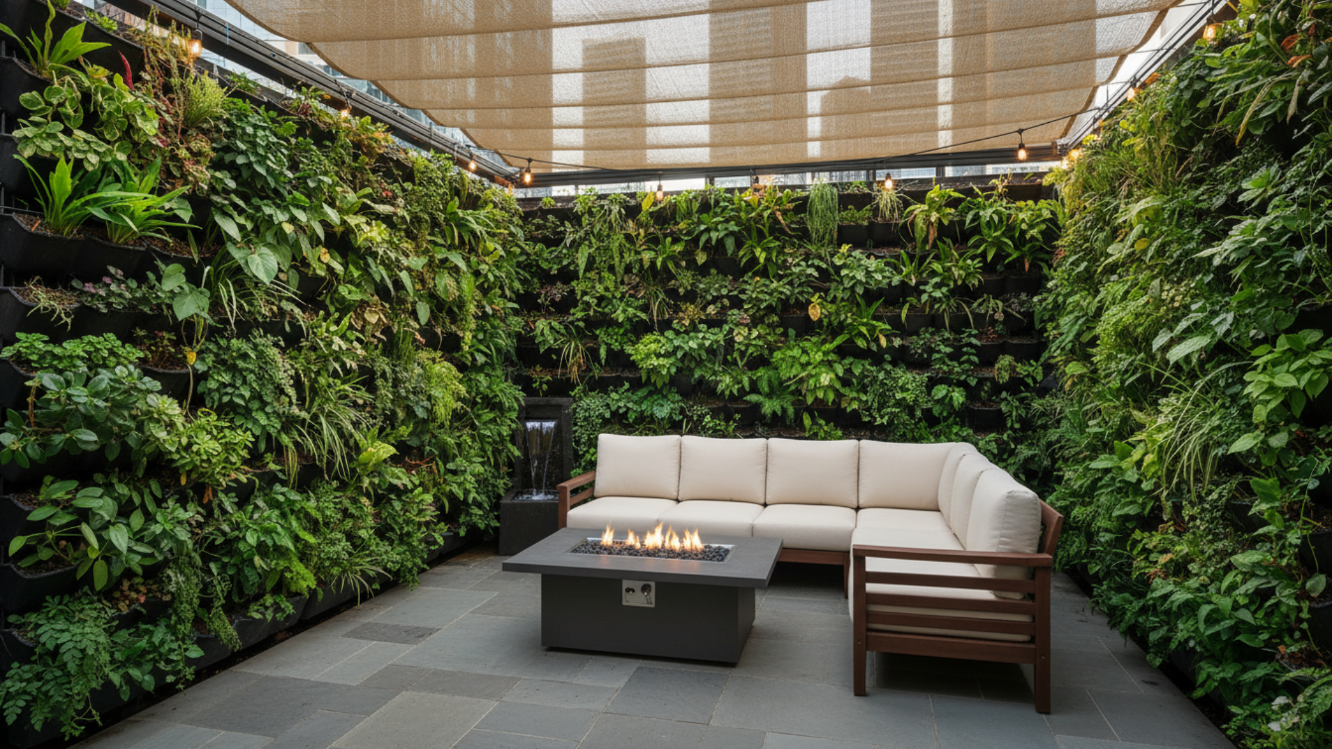 green living wall patio with cozy seating fireplace