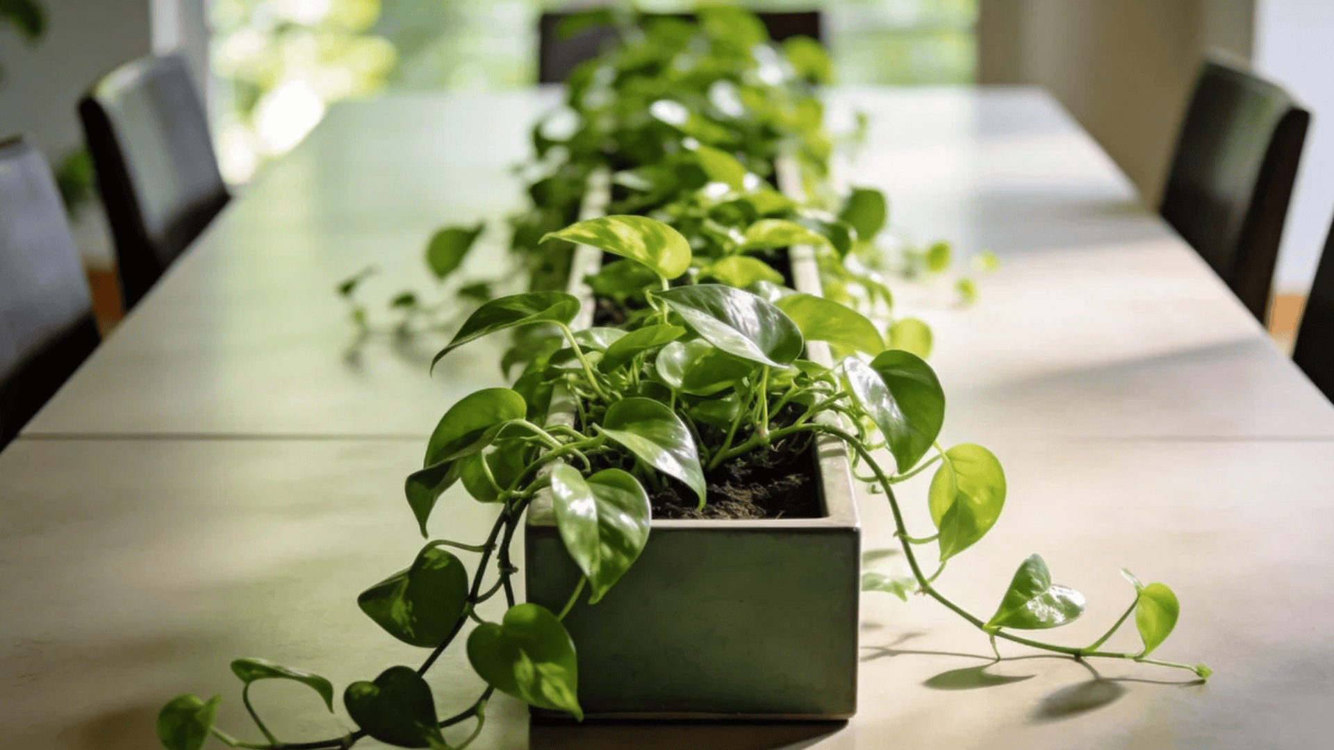 green trailing plant in rectangular planter on dining table with soft sunlight