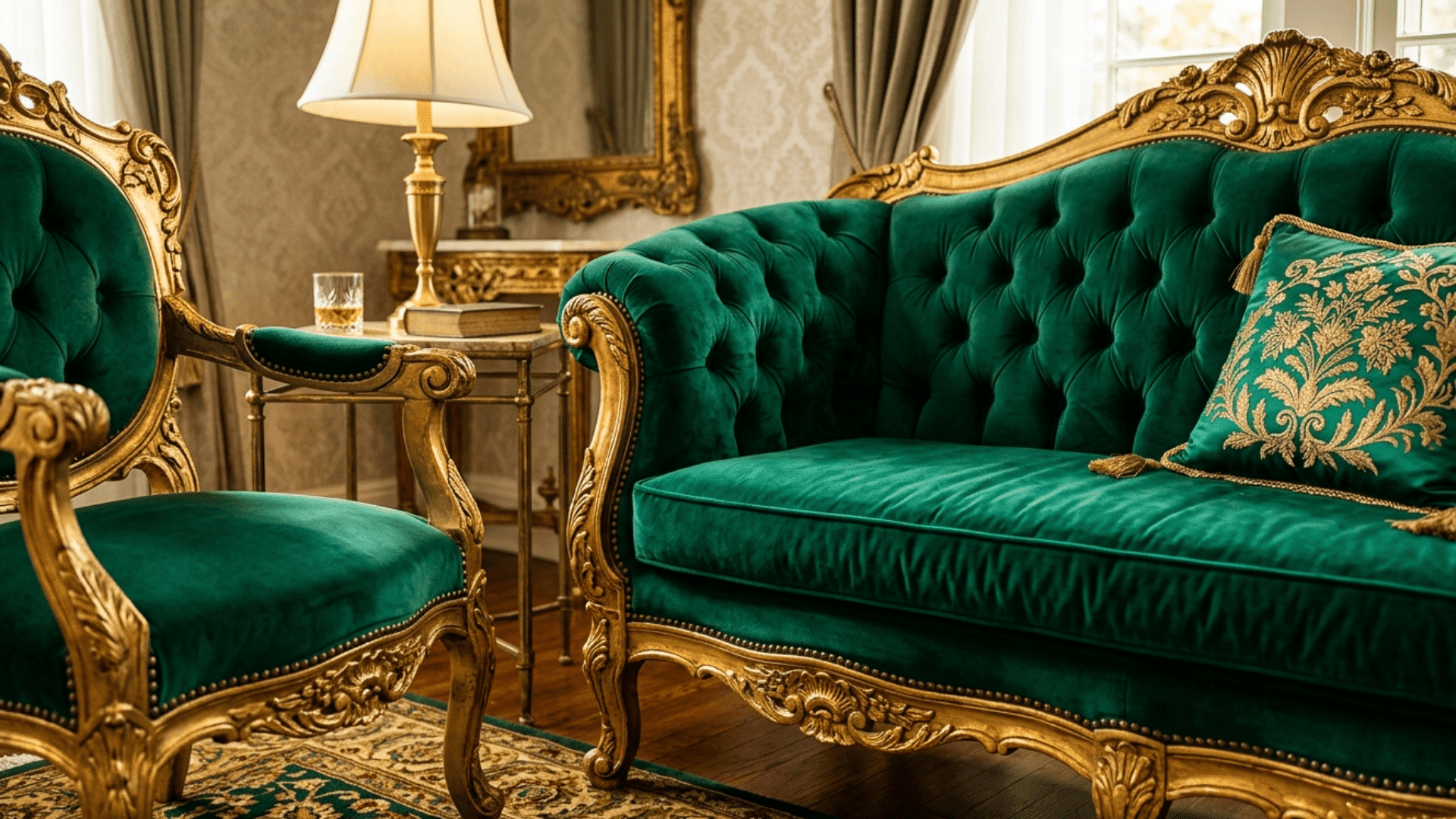 green velvet sofa and chair with gold carved wood in classic living room with lamp table and patterned rug