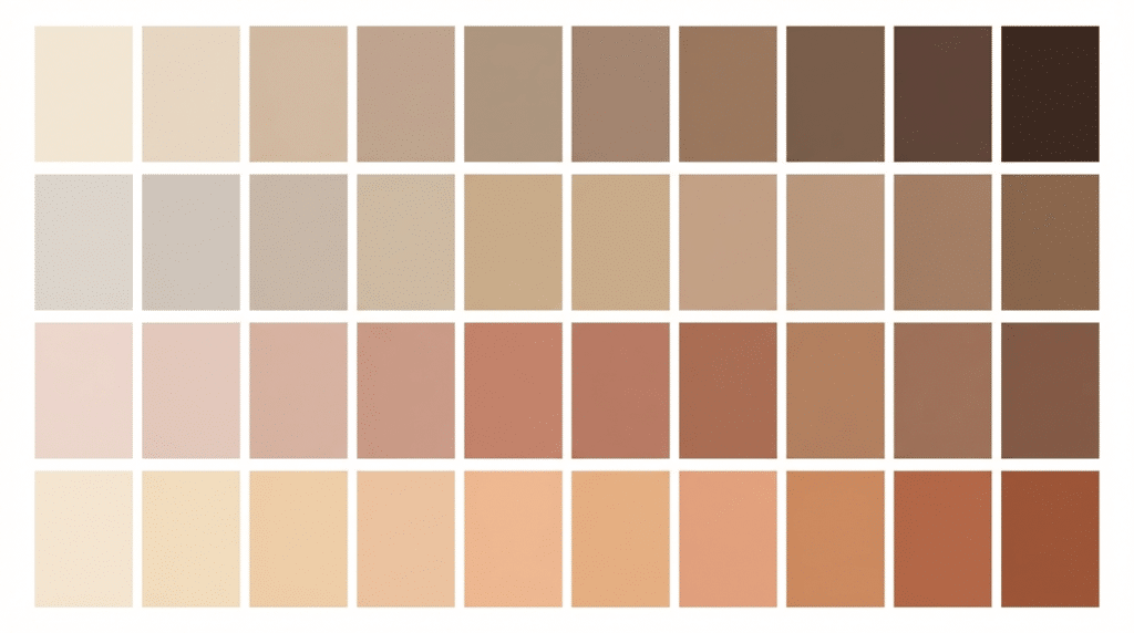 grid of neutral color swatches in rows showing gradual transitions from light beige to deep brown tones with soft earthy palette
