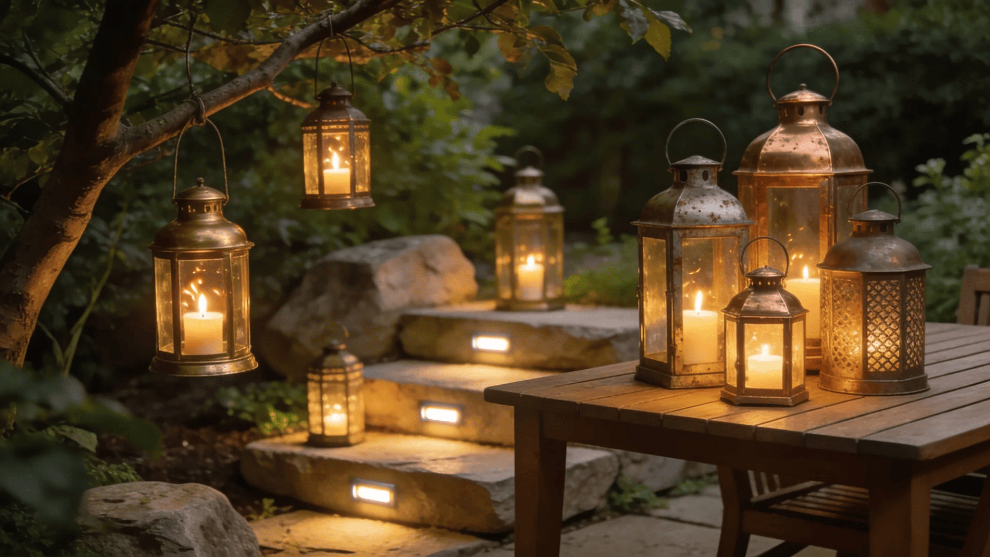 group of decorative lanterns with candles placed on table and steps in garden at night